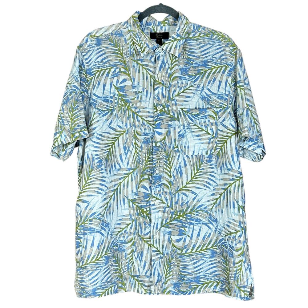 Club Room Men Shirt Sze XL Blue Green White Linen Palm Leaf Print Coastal Casual